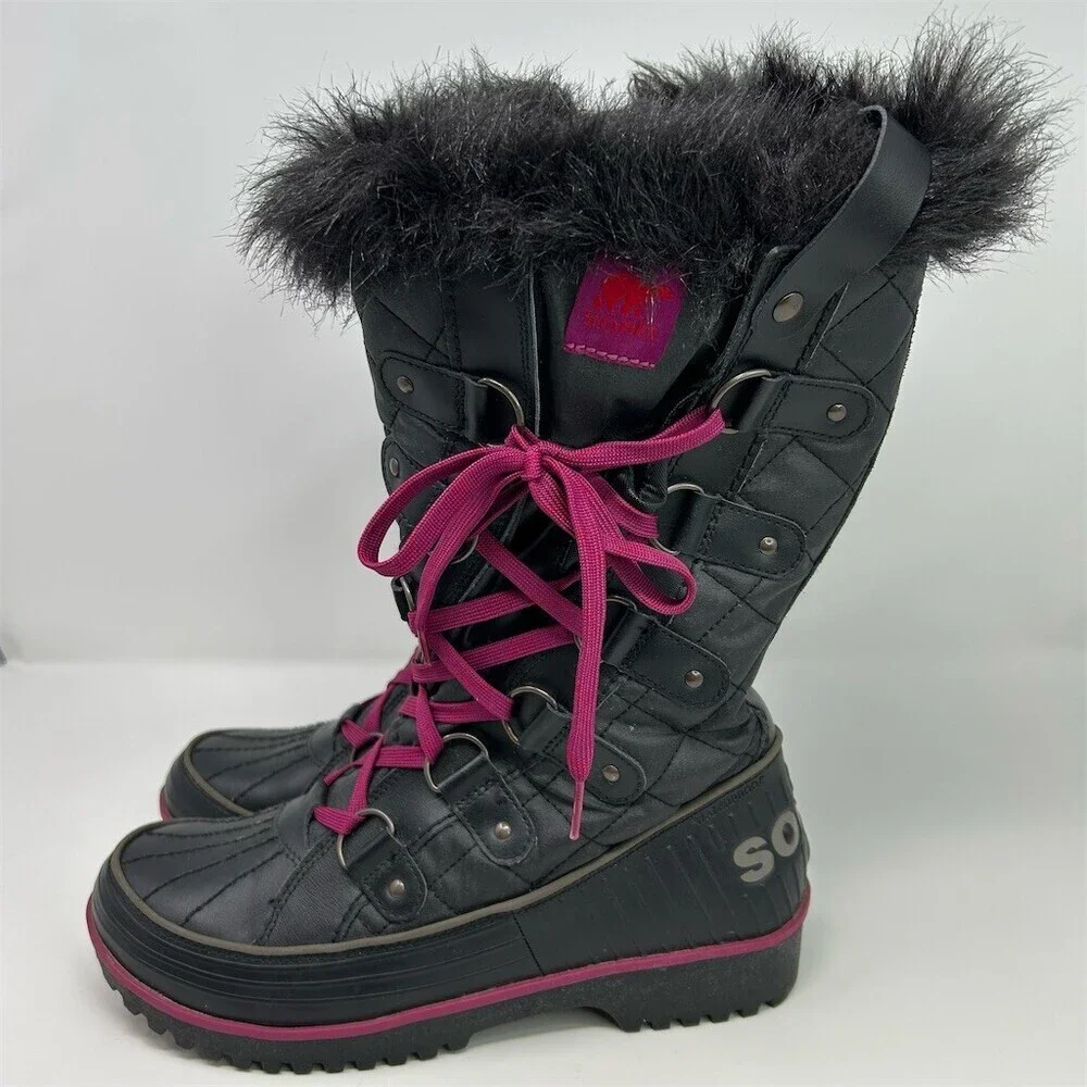 Sorel Tivoli Twist Snow Boots Womens Black Quilted Faux Fur Pink Laces Size 9